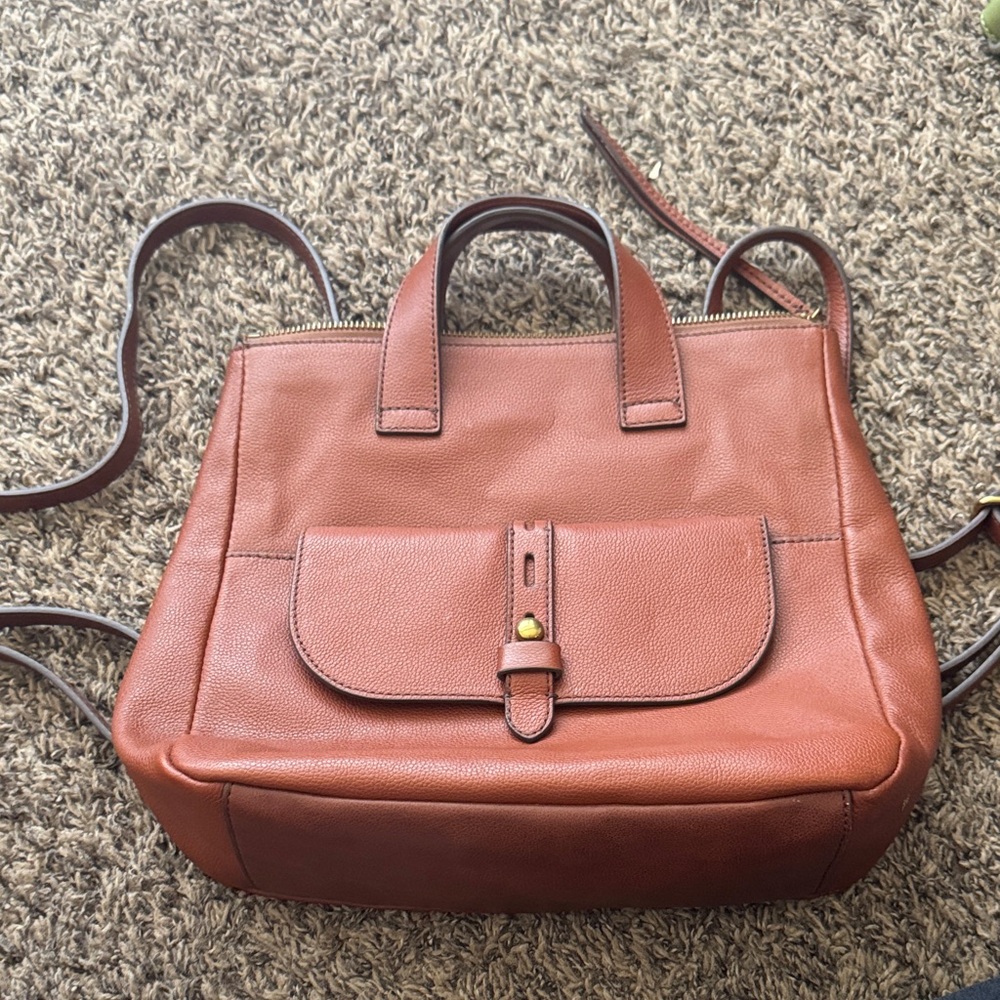 Fossil Pebbled Leather Satchel in Rust Brown